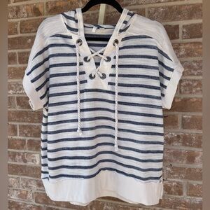 Cato Navy and White Striped Lace-Up Hoodie, Size L